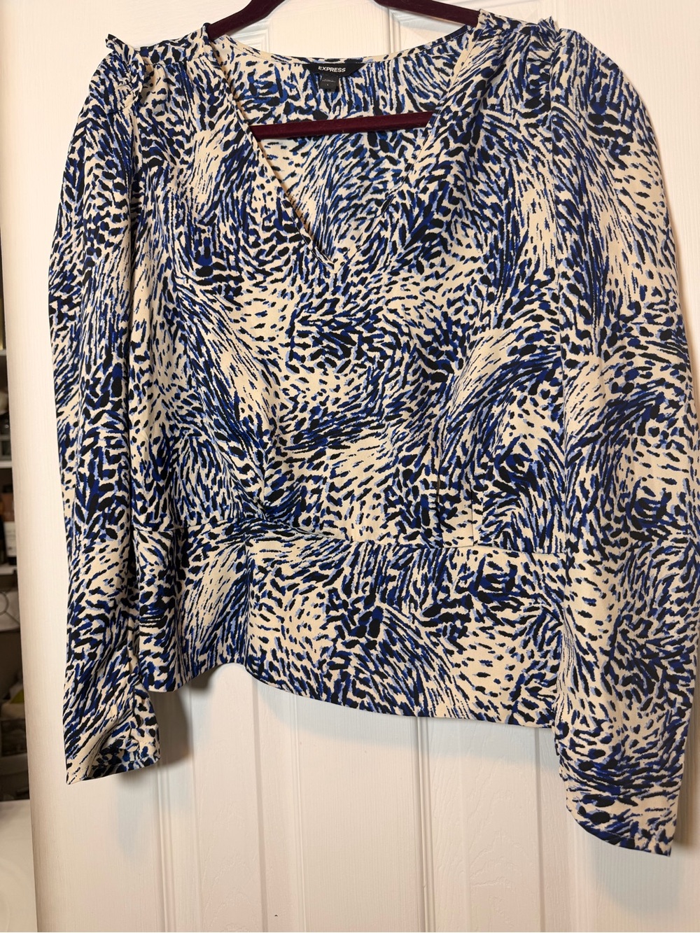 Express Blue & Cream V-Neck Printed Peplum Blouse